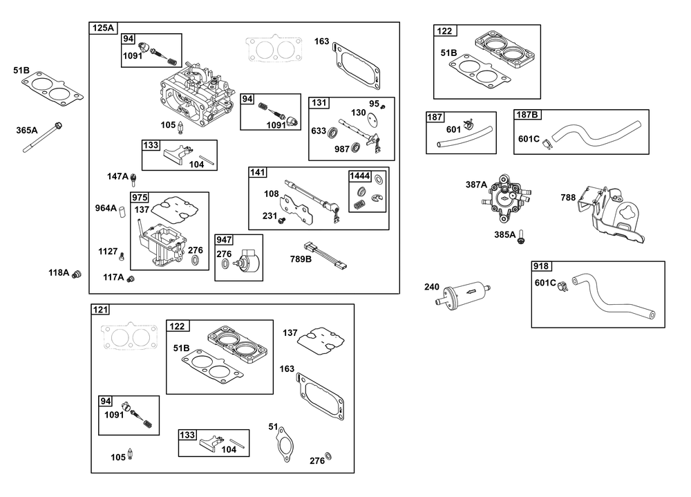Carburetor And Fuel Supply Group Diagram and Parts List for 613477-4208-J1 400000 - 699999 Briggs and Stratton Engine